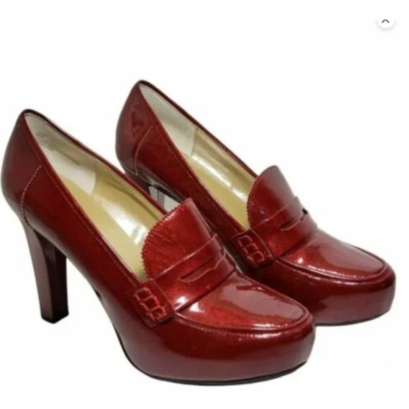 me too Shoes - Me Too Women's Burgundy Patent Lather LORRE Penny Loafer Heels Pumps Size 9M